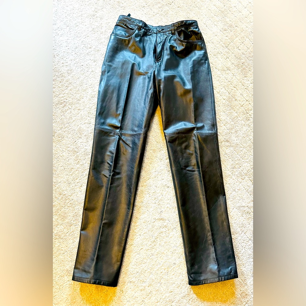 Genuine black leather jeans, lined, excellent condition. Jones New York. Size 8.